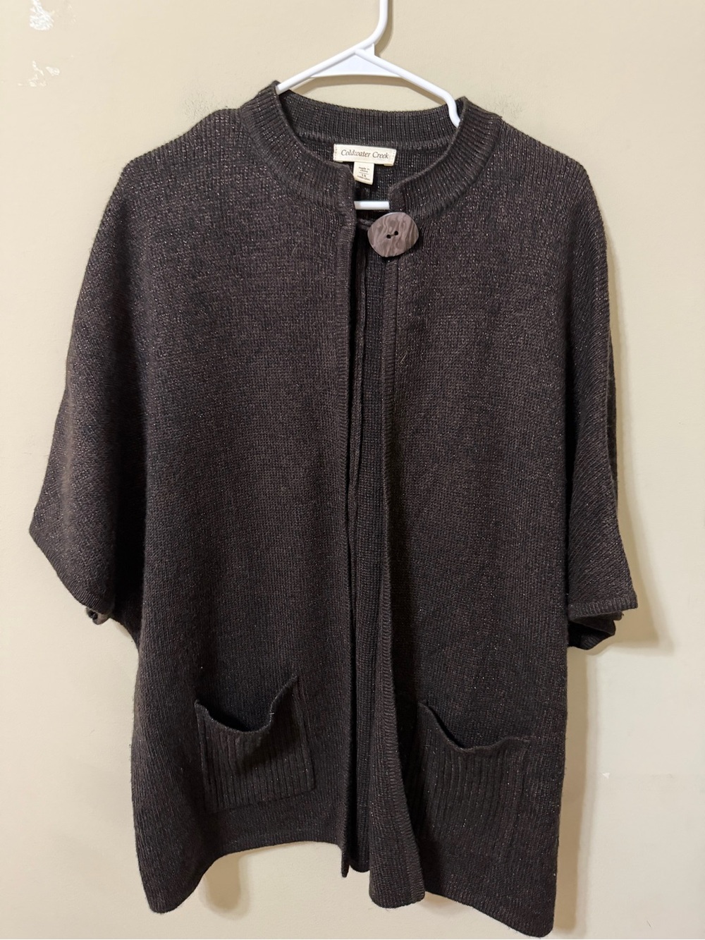Coldwater Creek Brown Knit Open-Front Cape big Button drapy sleeve plus 1x euc